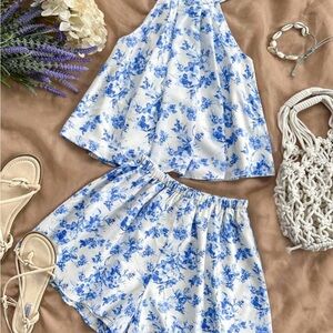 Elegant Pink Lily Blue Floral Top and Shorts Set - Two Piece - Medium
